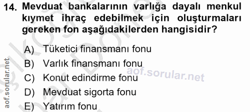 14. soru: Mevduat bankalarının varlığa dayalı menkul kıymet ihraç edebilmek için oluşturmaları gereken fon aşağıdakilerden hang…