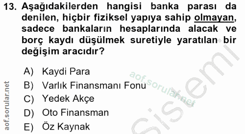 13. soru: Aşağıdakilerden hangisi banka parası da denilen, hiçbir fiziksel yapıya sahip olmayan, sadece bankaların hesaplarında…