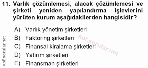 11. soru: Varlık çözümlemesi, alacak çözümlemesi ve şirketi yeniden yapılandırma işlevlerini yürüten kurum aşağıdakilerden hang…