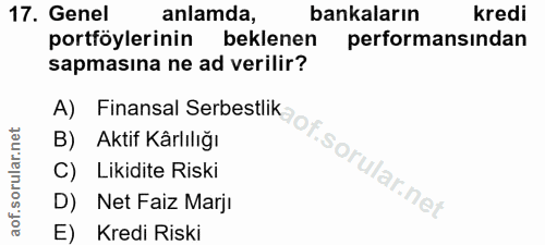 17. soru: Genel anlamda, bankaların kredi portföylerinin beklenen performansından sapmasına ne ad verilir? A) Finansal Serbestl…