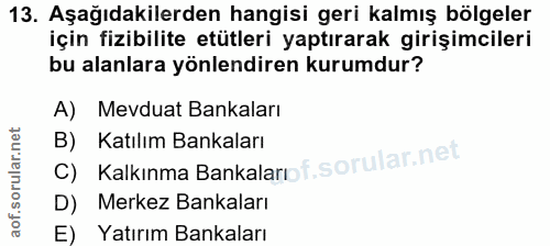 13. soru: Aşağıdakilerden hangisi geri kalmış bölgeler için fizibilite etütleri yaptırarak girişimcileri bu alanlara yönlendire…