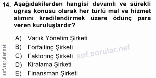 14. soru: Aşağıdakilerden hangisi devamlı ve sürekli uğraş konusu olarak her türlü mal ve hizmet alımını kredilendirmek üzere ö…