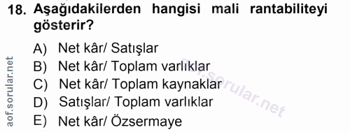 18. soru: Aşağıdakilerden hangisi mali rantabiliteyi gösterir? A) Net kâr/ Satışlar B) Net kâr/ Toplam varlıklar C) Net kâr/ To…