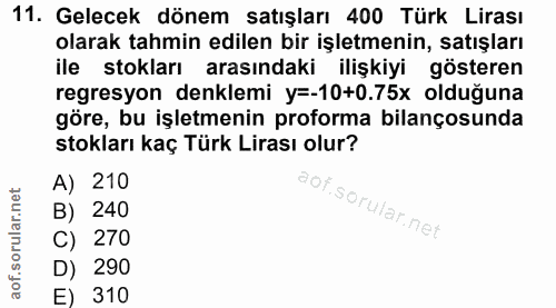 11. soru: Gelecek dönem satışları 400 Türk Lirası olarak tahmin edilen bir işletmenin, satışları ile stokları arasındaki ilişki…