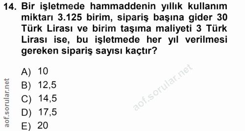 14. soru: Bir işletmede hammaddenin yıllık kullanım miktarı 3.125 birim, sipariş başına gider 30 Türk Lirası ve birim taşıma ma…