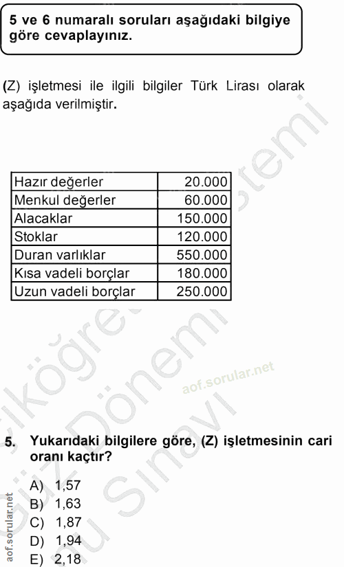 5. soru: 5 ve 6 numaralı soruları aşağıdaki bilgiye göre cevaplayınız. (Z) işletmesi ile ilgili bilgiler Türk Lirası olarak aş…