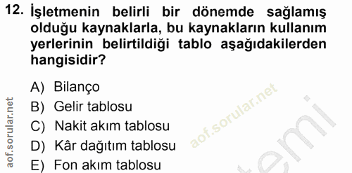12. soru: İşletmenin belirli bir dönemde sağlamış olduğu kaynaklarla, bu kaynakların kullanım yerlerinin belirtildiği tablo aşa…