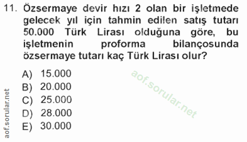 11. soru: Özsermaye devir hızı 2 olan bir işletmede gelecek yıl için tahmin edilen satış tutarı 50.000 Türk Lirası olduğuna gör…