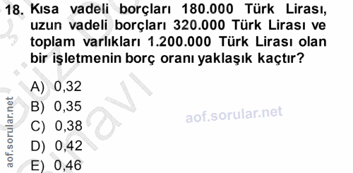 18. soru: Kısa vadeli borçları 180.000 Türk Lirası, uzun vadeli borçları 320.000 Türk Lirası ve toplam varlıkları 1.200.000 Tür…
