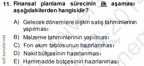 11. soru: Finansal planlama sürecinin ilk asaması aşağıdakilerden hangisidir? A) Gelecek dönemlere ilişkin satış tahminlerinin…