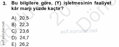 3. soru: Bu bilgilere göre, (Y) işletmesinin faaliyet kâr marjı yüzde kaçtır? A) 20,5 B) 22,3 C) 23,6 D) 24,7 E) 26,2