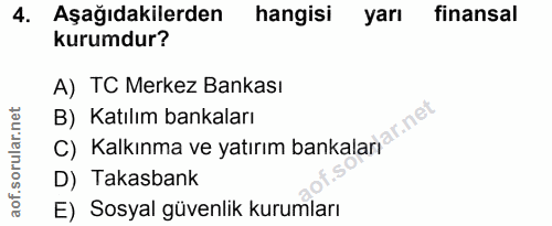 4. soru: Aşağıdakilerden hangisi yarı finansal kurumdur? A) TC Merkez Bankası C) Kalkınma ve yatırım bankalar ar net B) Katılı…