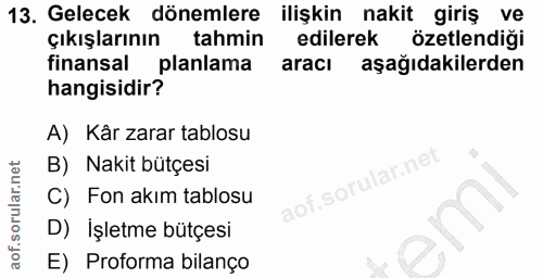 13. soru: Gelecek dönemlere ilişkin nakit giriş ve çıkışlarının tahmin edilerek özetlendiği finansal planlama aracı aşağıdakile…