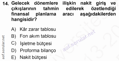 14. soru: Gelecek dönemlere ilişkin nakit giriş ve çıkışlarının tahmin edilerek özetlendiği finansal planlama aracı aşağıdakile…