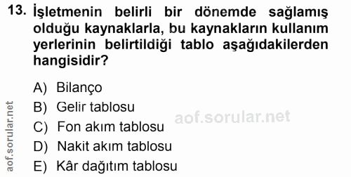 13. soru: İşletmenin belirli bir dönemde sağlamış olduğu kaynaklarla, bu kaynakların kullanım yerlerinin belirtildiği tablo aşa…