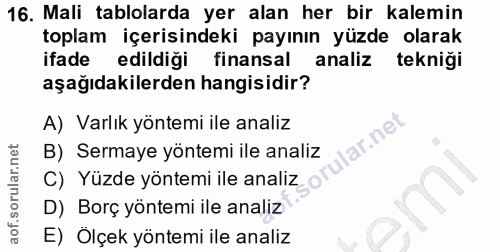16. soru: Mali tablolarda yer alan her bir kalemin toplam içerisindeki payının yüzde olarak ifade edildigi finansal analiz tekn…