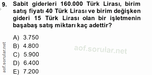 9. soru: Sabit giderleri 160.000 Türk Lirası, birim satış fiyatı 40 Türk Lirası ve birim değişken gideri 15 Türk Lirası olan b…