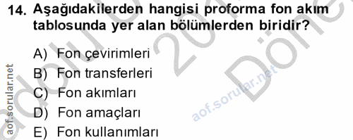 14. soru: Aşağıdakilerden hangisi proforma fon akım tablosunda yer alan bölümlerden biridir? A) Fon çevirimleri B) Fon transfer…