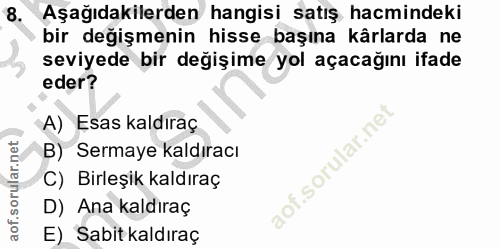8. soru: Aşağıdakilerden hangisi satış hacmindeki bir değişmenin hisse başına kârlarda ne seviyede bir değişime yol açacağını…