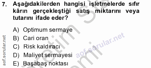 7. soru: Aşağıdakilerden hangisi işletmelerde sıfır kârın gerçekleştiği satış miktarını veya tutarını ifade eder? A) Optimum s…