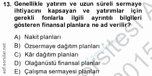 13. soru: Genellikle yatırım ve uzun süreli sermaye ihtiyacını kapsayan ve yatırımlar için gerekli fonlarla ilgili ayrıntılı bi…