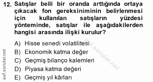 12. soru: Satışlar belli bir oranda arttığında ortaya çıkacak fon gereksiniminin belirlenmesi için kullanılan satışların yüzdes…