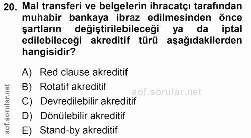 20. soru: Mal transferi ve belgelerin ihracatçı tarafından muhabir bankaya ibraz edilmesinden önce şartların değiştirilebileceğ…