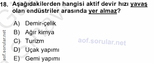 18. soru: Aşağıdakilerden hangisi aktif devir hızı yavaş olan endüstriler arasında yer almaz? A) Demir-çelik B) Ağır kimya C) T…