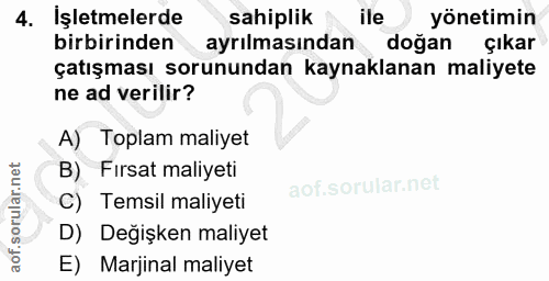 4. soru: İşletmelerde sahiplik ile yonetimin birbirinden ayrılmasından doğan çıkar çatışması sorunundan kaynaklanan maliyete n…