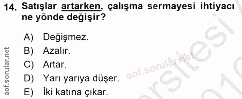 14. soru: Satışlar artarken, çalışma sermayesi ihtiyacı ne yönde değişir? A) Değişmez. B) Azalır. aolsorulite @S C) Artar. D) Y…