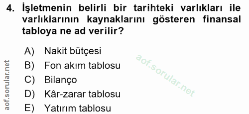4. soru: İşletmenin belirli bir tarihteki varlıkları ile varlıklarının kaynaklarını gösteren finansal tabloya ne ad verilir? A…