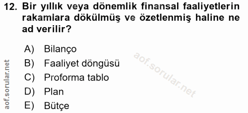 12. soru: Bir yıllık veya dönemlik finansal faaliyetlerin rakamlara dökülmüş ve özetlenmiş haline ne ad verilir? A) Bilanço B)…