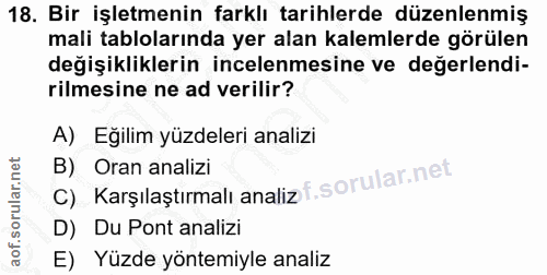 18. soru: Bir işletmenin farklı tarihlerde düzenlenmiş mali tablolarında yer alan kalemlerde görülen değişikliklerin incelenmes…