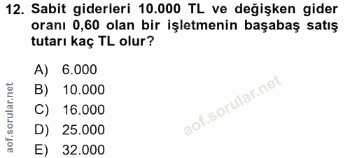 12. soru: Sabit giderleri 10.000 TL ve değişken gider oranı 0,60 olan bir işletmenin başabaş satış tutarı kaç TL olur? A) 6.000…