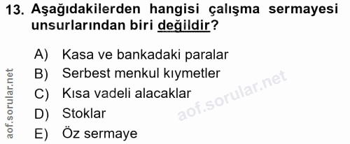 13. soru: Aşağıdakilerden hangisi çalışma sermayesi unsurlarından biri değildir? A) Kasa ve bankadaki paralar B) Serbest menkul…