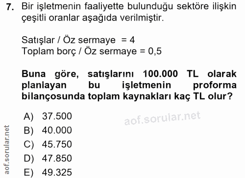 7. soru: Bir işletmenin faaliyette bulunduğu sektöre ilişkin çeşitli oranlar aşağıda verilmiştir. Satışlar / Öz sermaye = 4 To…