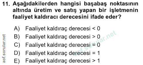 11. soru: Aşağıdakilerden hangisi başabaş noktasının altında üretim ve satış yapan bir işletmenin faaliyet kaldıracı derecesini…