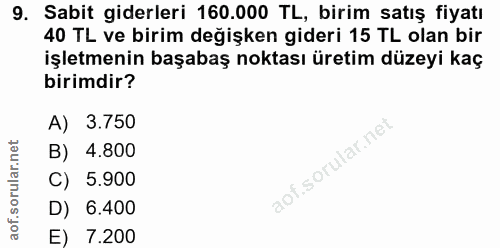 9. soru: Sabit giderleri 160.000 TL, birim satış fiyatı 40 TL ve birim değişken gideri 15 TL olan bir işletmenin başabaş nokta…