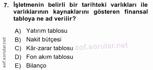 7. soru: İşletmenin belirli bir tarihteki varlıkları ile varlıklarının kaynaklarını gösteren finansal tabloya ne ad verilir? A…