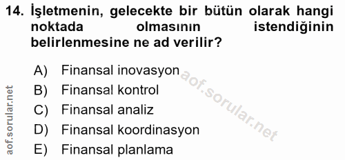 14. soru: İşletmenin, gelecekte bir bütün olarak hangi noktada olmasının istendiğinin belirlenmesine ne ad verilir? A) Finansal…