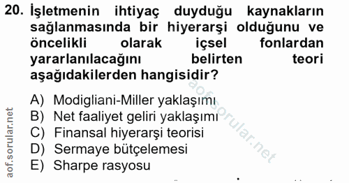 20. soru: İşletmenin ihtiyaç duyduğu kaynakların sağlanmasında bir hiyerarşi olduğunu ve öncelikli olarak içsel fonlardan yarar…