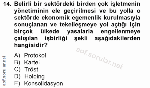 14. soru: Belirli bir sektördeki birden çok işletmenin yönetiminin ele geçirilmesi ve bu yolla o sektörde ekonomik egemenlik ku…