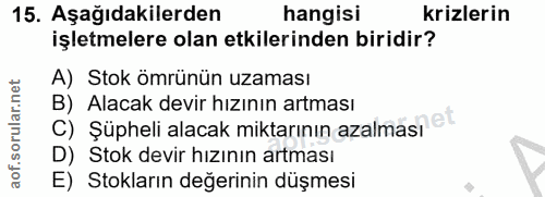 15. soru: Aşağıdakilerden hangisi krizlerin işletmelere olan etkilerinden biridir? A) Stok ömrünün uzaması B) Alacak devir hızı…
