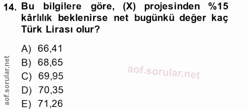 14. soru: Bu bilgilere göre, (X) projesinden %15 kârlılık beklenirse net bugünkü değer kaç Türk Lirası olur? A) 66,41 B) 68,65…