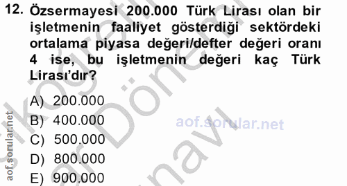 12. soru: Özsermayesi 200.000 Türk Lirası olan bir işletmenin faaliyet gösterdiği sektördeki ortalama piyasa değeri/defter değe…