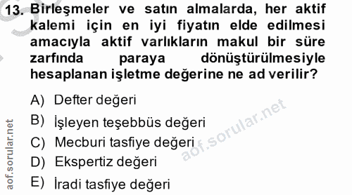 13. soru: Birleşmeler ve satın almalarda, her aktif kalemi için en iyi fiyatın elde edilmesi amacıyla aktif varlıkların makul b…