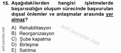 15. soru: Aşağıdakilerden hangisi işletmelerde başarısızlığın oluşum sürecinde başvurulan dışsal önlemler ve anlaşmalar arasınd…