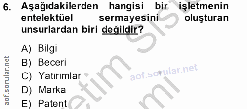 6. soru: Aşağıdakilerden hangisi bir işletmenin entelektüel sermayesini oluşturan unsurlardan biri değildir? A) Bilgi B) Becer…