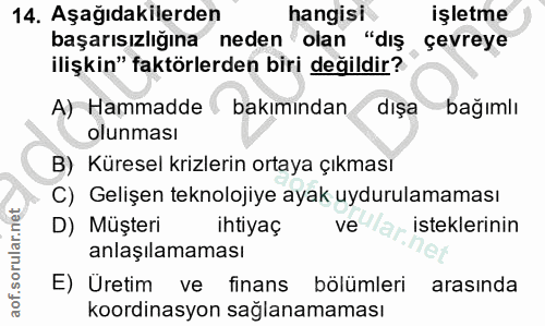 14. soru: Aşağıdakilerden hangisi işletme başarısızlığına neden olan "dış çevreye ilişkin" faktörlerden biri değildir? A) Hamma…