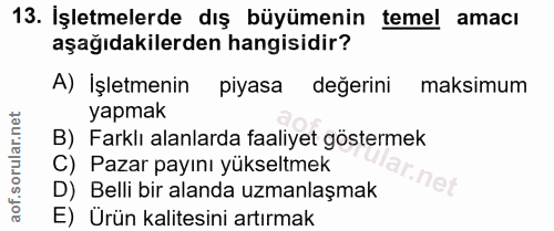 13. soru: İşletmelerde dış büyümenin temel amacı aşağıdakilerden hangisidir? A) İşletmenin piyasa değerini maksimum yapmak B) F…